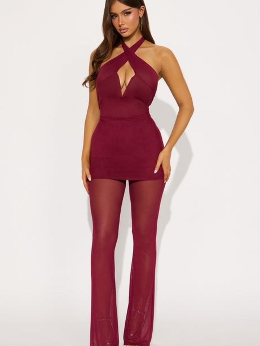 Maroon Cross-Neck Mesh Two-Piece Set - Picture 2 of 3